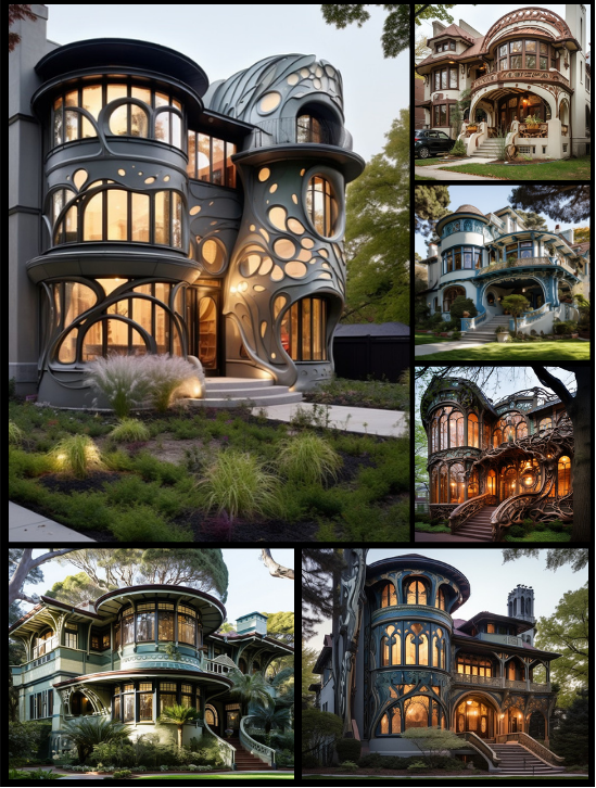 cover photo for a midjourney prompt engineering study showing a collage grid of 6 modern art nouveau inspired houses
