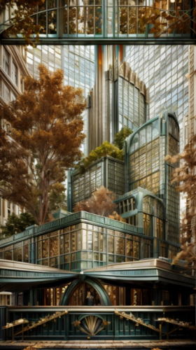 A green skyscraper made in PromeAI, AI workflows