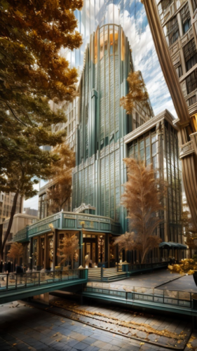 A green skyscraper made in PromeAI, AI workflows