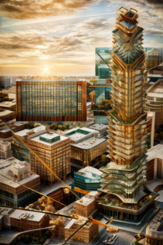 A green skyscraper made in PromeAI, aerial view, surreal image, AI workflow for architecture