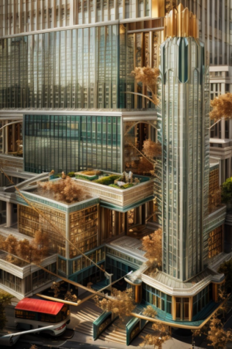 A green skyscraper made in PromeAI, aerial view, surreal image, AI workflow for architecture