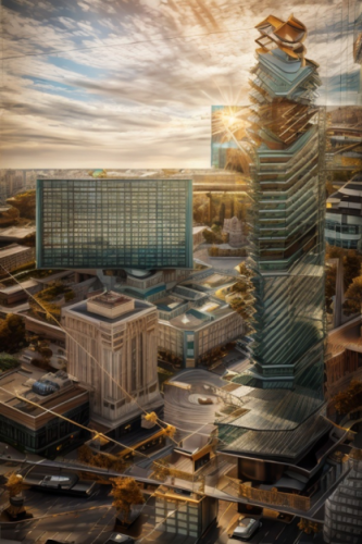 A green skyscraper made in PromeAI, aerial view, surreal image, AI workflow for architecture