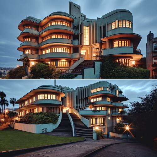 two photos of two elevations of a art deco inspired apartment on a hill with grand staircases.
