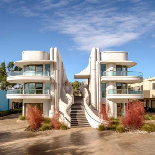 art deco apartment with curvy staircase to a central breezeway
