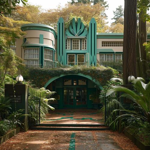 art deco home cottage in the woods with lush ivy