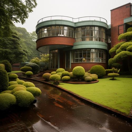 ornate art deco home architecture photo, brick with patina green