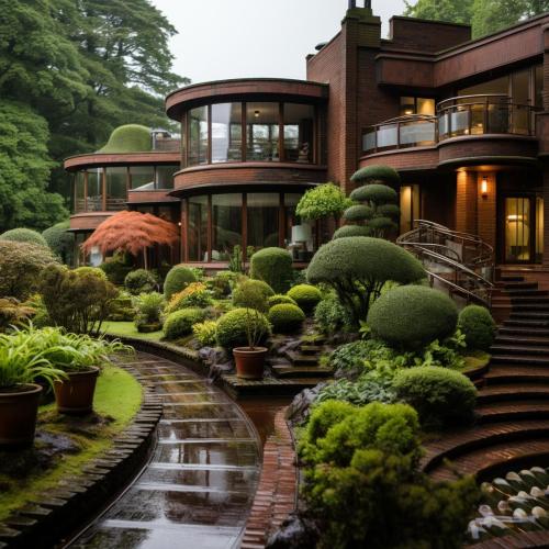 ornate art deco home architecture photo, brick and lush topiary garden in the rain