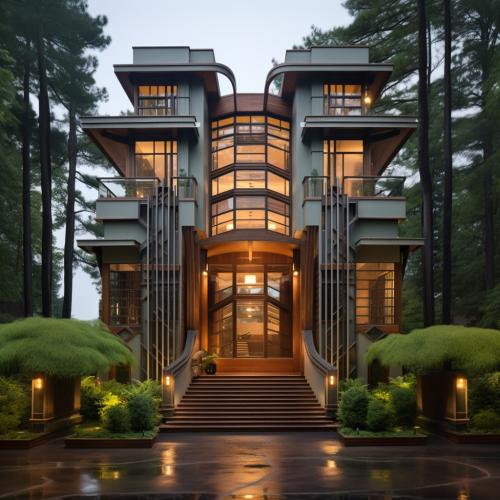 art deco inspired architecture wood, trees, glass, and brick