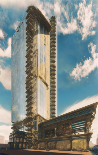 Art Nouveau Residential Mixed Use Tower with Semi-Outdoor Space, Brass, Wood, Glass, and Teal Filigree