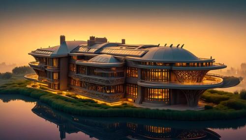 wood filigree ship-like estate, art nouveau usonian prairie style