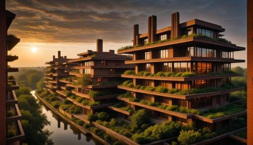 A mid-rise Usonian-inspired rust-red cement plaster and brick-clad apartment building on a canal with lush greenery and moody skies