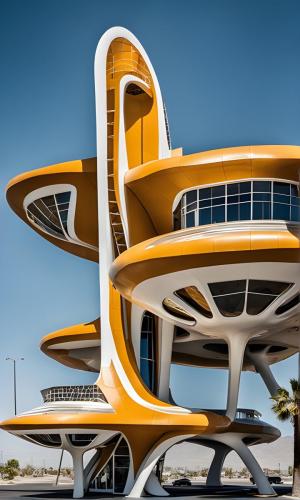 a yellow metal panel space age motel, AI googie style architecture