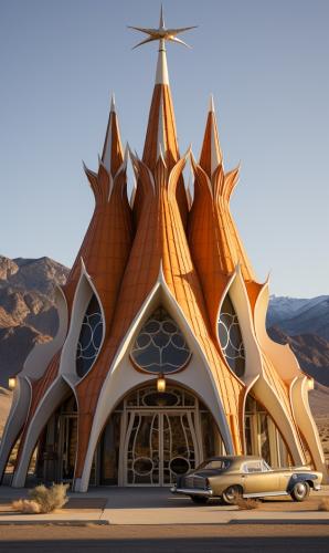 photo of a building in the desert shaped like the sagrada familia towers, subtle googie style starburst