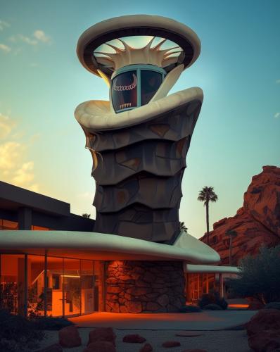 photo of a modern building in a googie style with a tower inspired by the Dune popcorn bucket, made in midjourney