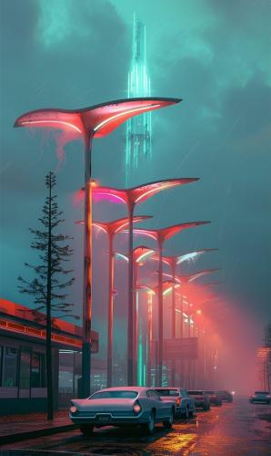 alien street lamps with a neon glow at dusk, , AI googie style design