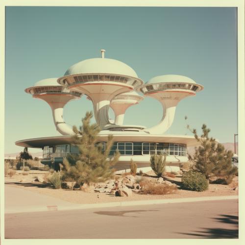 polaroid of a hotel shaped like flying saucers, AI googie style architecture