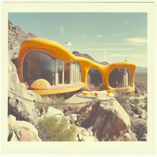 polaroid of an amorphous orange house with big glass windows in the desert, style of the flintstones and jetsons