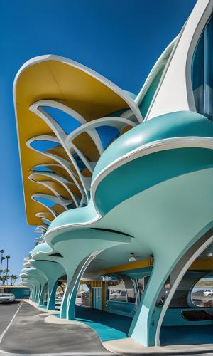 photo of an alien looking googie style snack bar made with stable diffusion