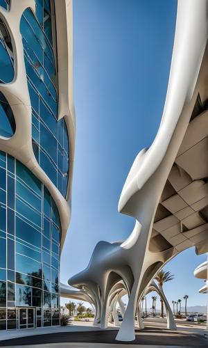 an organic googie style neofuturistic shuttle stop at a hotel