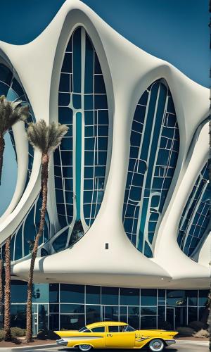 an elegant organic neofuturistic hotel entrance in the desert, , AI googie style architecture