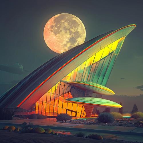 stylized photo of a home with glass curtain wall under a cantlievered UFO shaped roof