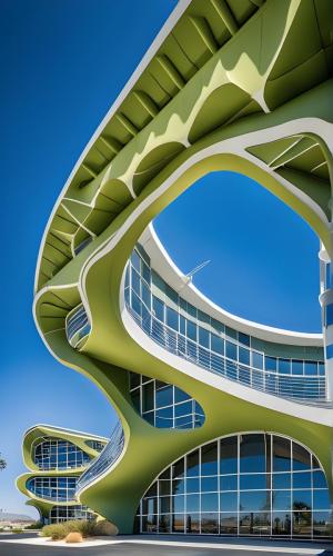 gravity defying alien looking green skybridge for a hotel in the desert in a googie style, made with stable diffusion