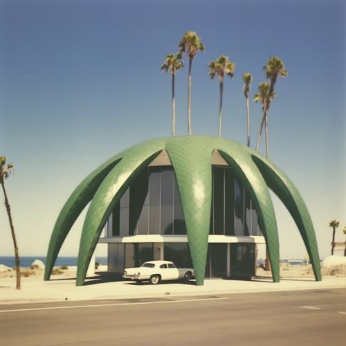 polaroid of a building witha roof shaped like a palm tree