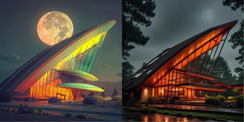 AI architecture rendering side by side building comparison, Googie to Usonian restylize - alpaca chroma AI rendering