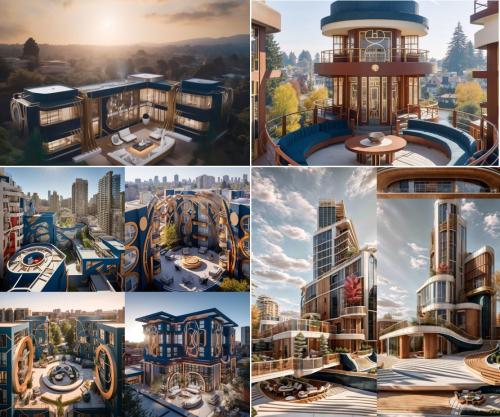 Misc. Art Deco Japandi Concepts, blue and gold buildings, wood tones, ai generated architecture workflows