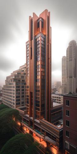 Usonian-inspired landmark high-rise apartment with copper trim a la Price Tower Arts Center