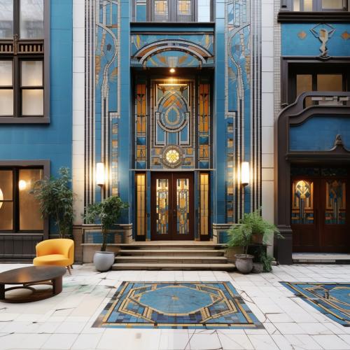 blue tile ornate entrance, art deco influence, ai workflow