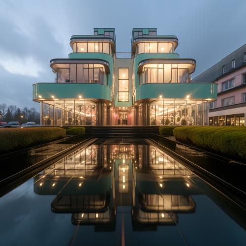 mint green spandrel metal panels, curved commercial facade, 50s colors, part of a series on AI workflows for architecture,