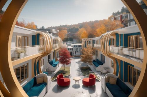 art deco japandi motel layout, teal and white and gold, full size