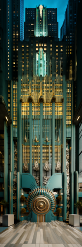 art deco skyscraper concept with green cladding panels and imposing main entrance