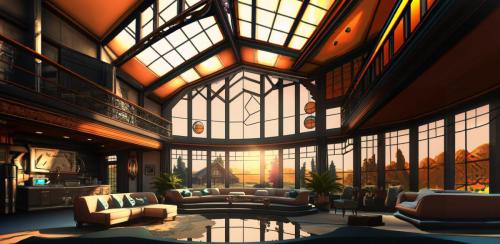 Sunrise Prairie interior koi pond outpainting in DALLE