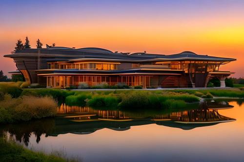 futuristic art nouveau solarpunk prairie style architecture, organic shaped, intricate ornate filigree detailing, highly detailed, frank lloyd wright prairie style, 3D printed architectural villa, with long glass windows, accent lighting, chaparral landscaping, illuminated pond, during a bright foggy sunrise, archdaily photo, photo of intricate ornate architectural detail, close-up, window filigree detailing, architectural close-up detail photo, ai generated image made in bluewillow