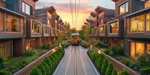 light rail and townhomes in a art nouvean prairie style at sunrise