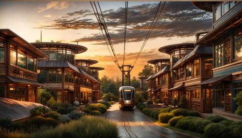 light rail and townhomes in a art nouvean prairie style at sunrise