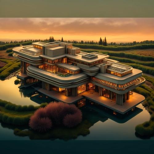 art nouvea prairie style estate rendering at sunrise, AI style reference