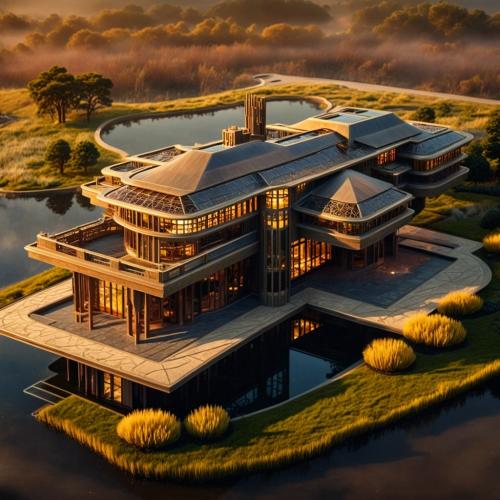 art nouvean prairie style estate rendering at sunrise