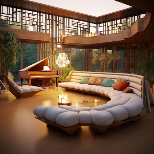 interior rendering in a sunset prairie style, intricate windows, sofa, and a piano