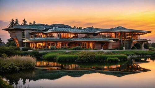 long ship-like building in an art nouveau prairie style usonian style at sunrise, enhanced sunset prairie style photo