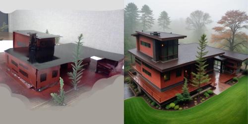 physical cardboard model of a usonian building next to an AI rendering of it