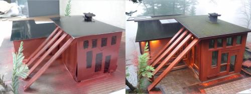 physical cardboard model of a usonian building next to an AI rendering of it - back yard