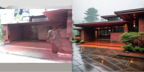 physical cardboard model of a usonian building next to an AI rendering of it - front door