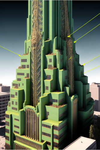 midjourney v4 3d model of a green glazed terra cotta ziggurat setback tower with careful use of soaring ornate curtain wall