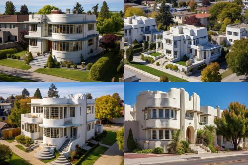 aerial photo of an art deco duplex or triplex home inspired by art deco