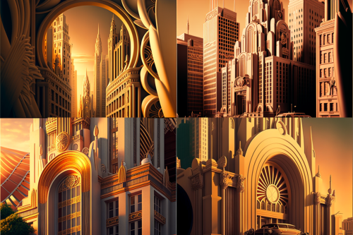 art deco cityscape at golden hour, ai generated architecture guide