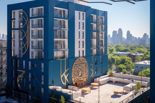 art deco midrise, eastern columbia building massing, reduced japandi influence