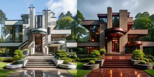 side by side building comparison, art deco to Usonian restylize - alpaca chroma AI rendering
